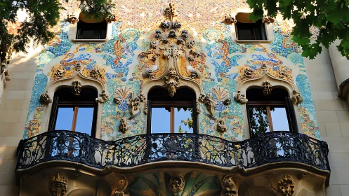Colorful ornate building facade with mosaic and balcony.