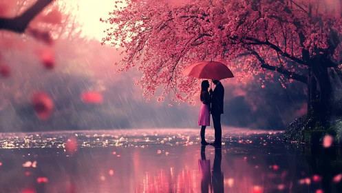 Compositional Study of Silhouetted Figures Under Blooming Canopy with Precipitation