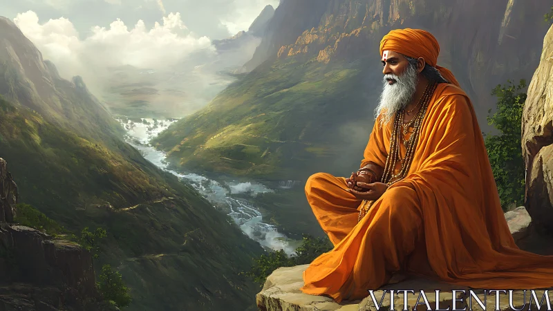 Hermit monk in saffron robes overlooks vast river valley