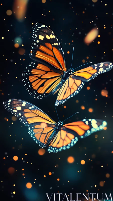 Glowing monarch butterflies drift through a starlit bokeh night