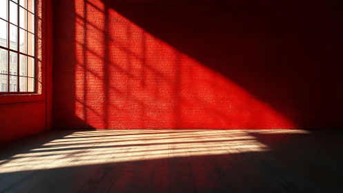 Sunlit red brick interior wall casts dramatic window shadows.