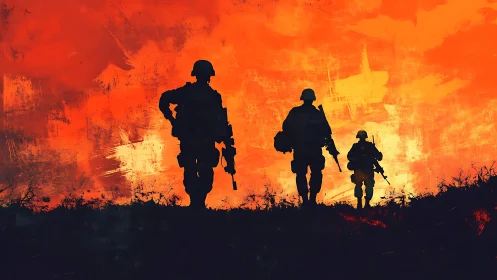 Silhouetted soldiers stride across a burning ember sky.