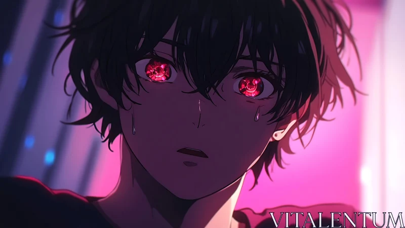 Crying anime boy with glowing red eyes in neon light.
