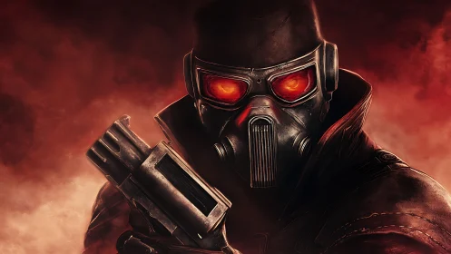 Armored soldier grips shotgun under burning red smoke sky