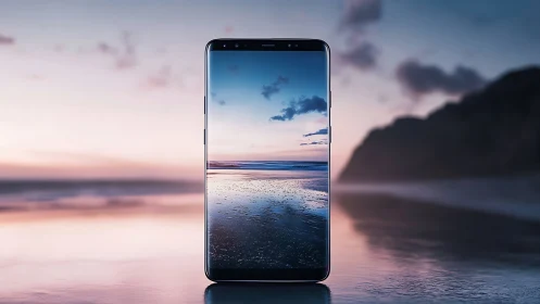Modern Smartphone Displays Serene Twilight Beach Scene.