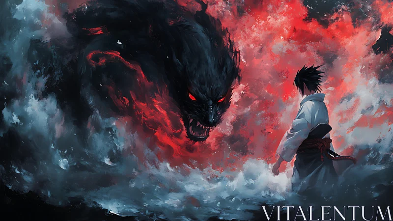 Samurai confronts demonic shadow amid crimson storm clouds.