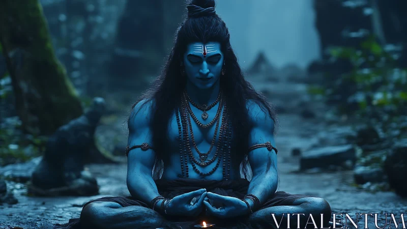 Blue ascetic meditates in misted forest shrine at dawn.