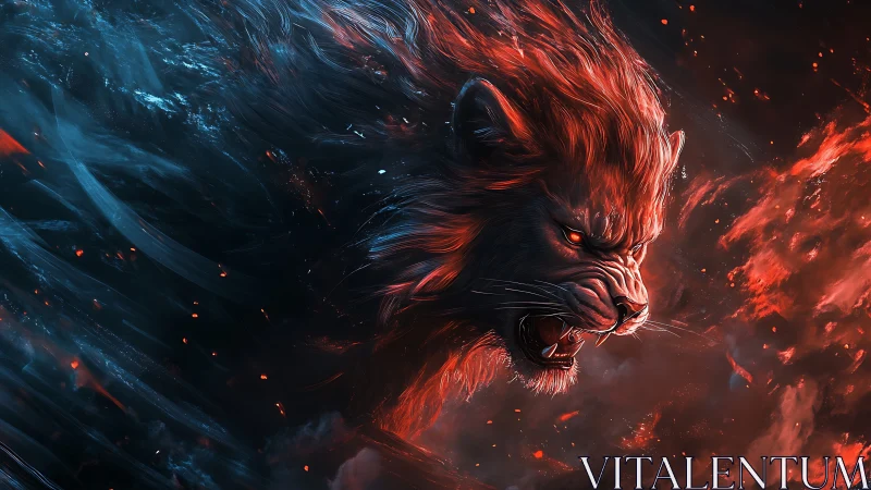 Fiery storm lion racing through swirling cosmic night.