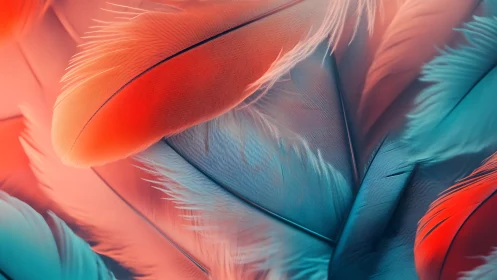 Macro study of overlapping orange and teal feathers.