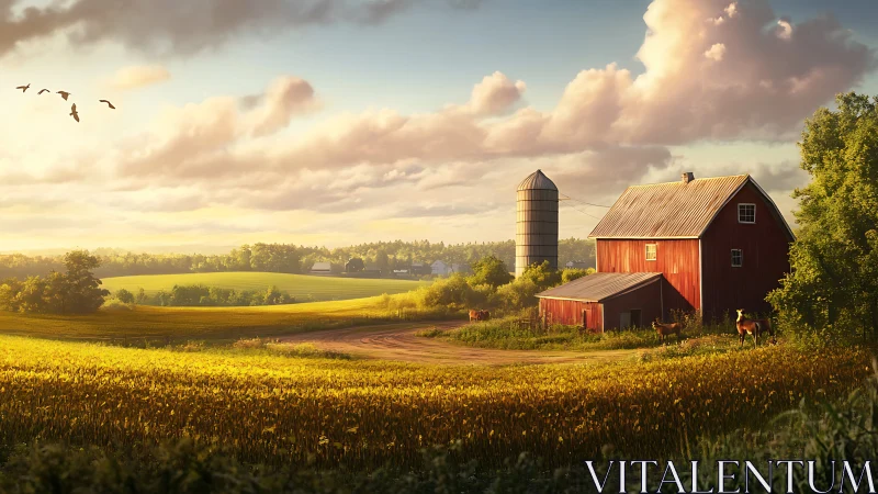 Golden-hour red barn amid rolling summer farmland panorama.