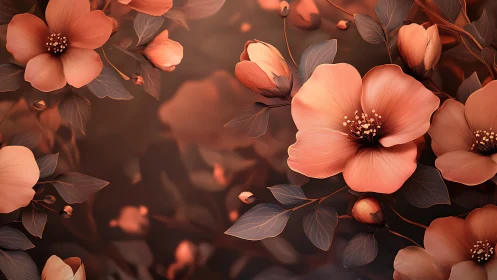 Coral peony flowers with dark foliage rendered in 3D digital art