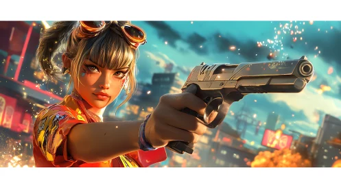 Neon city gunfighter with cyber pistol and blazing bokeh.