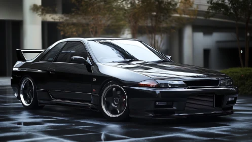 Gloss black JDM coupe with aero kit on reflective pavement.