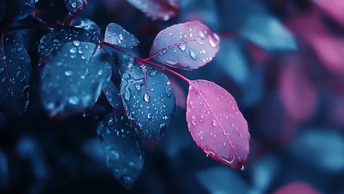 Moody closeup of wet blue and pink leaves at night.