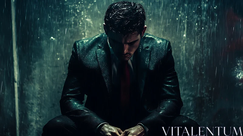 Man in the rain finds quiet strength in a stormy night.