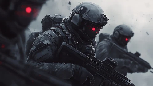 Armored soldiers advance with red visor optics activated