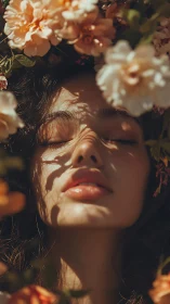 Sunlit female portrait framed by soft peach garden roses.