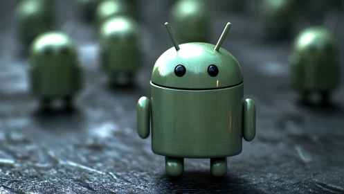 Rendered android figure stands on textured reflective surface
