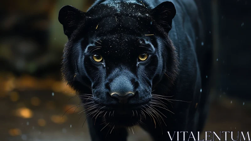 Black Panther's Piercing Golden Gaze in Rainfall.