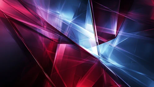Abstract geometric light beams in vibrant red and blue digital art.