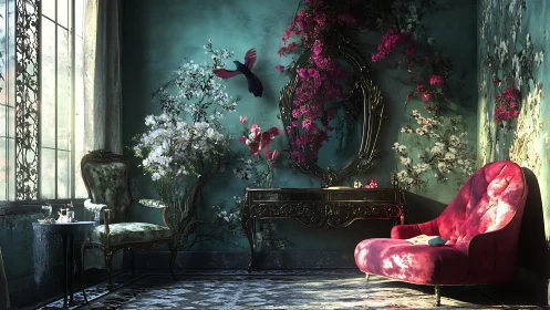 Luminous rococo parlor with florid chaise and mirrored arbor.