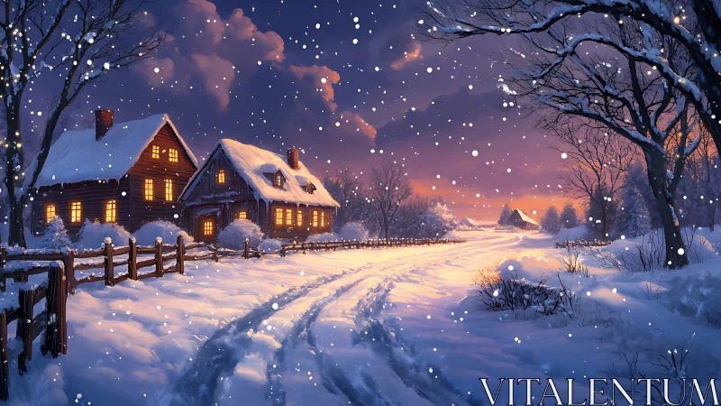 Snow-laden rural cottages glow under a vivid winter sunset