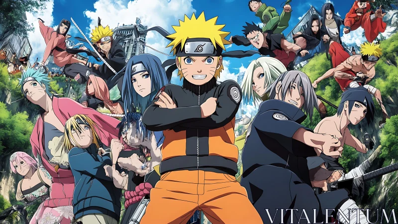 Colorful ninja squad leaping into a bright sky of adventure.