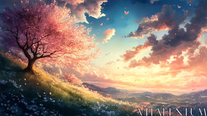 Sunlit blossom tree overlooking a dreamy pastel valley.