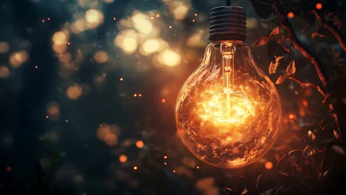 Digital painting of glowing bulb in botanical twilight frame.