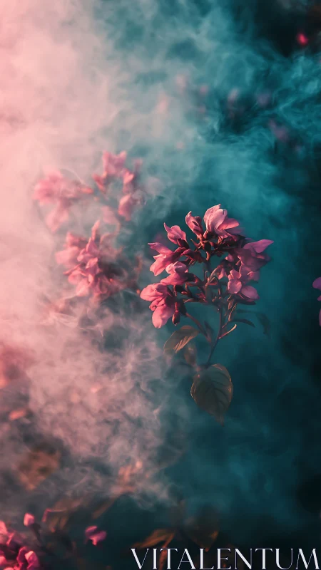 Pink blossoms in teal haze under moody cinematic light.
