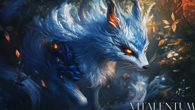 Mythic blue fox spirit with glowing eyes moves through forest