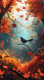 Black bird on branch in dense autumn forest scene.