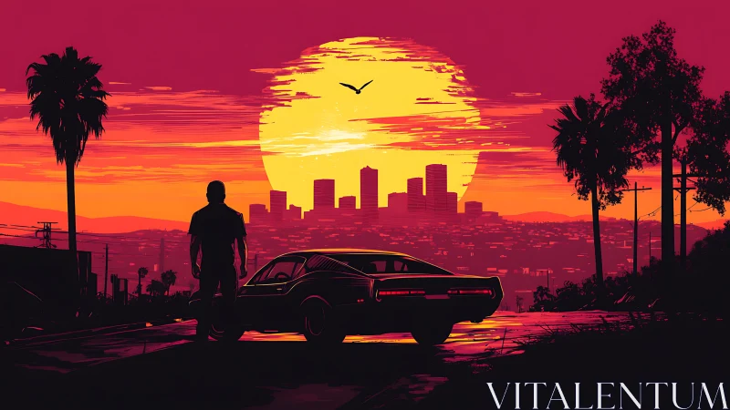 Silhouetted man and car face sunlit city skyline at dusk