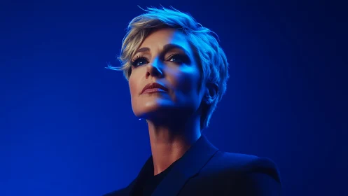 Confident woman with short blonde hair in dramatic blue lighting.