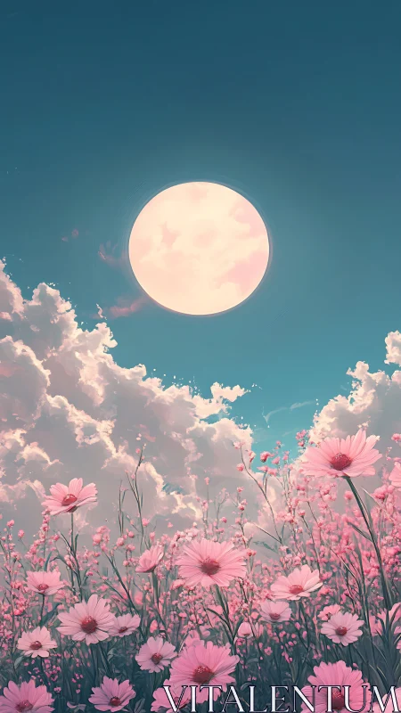 Full Moon Over Pink Wildflower Field at Twilight
