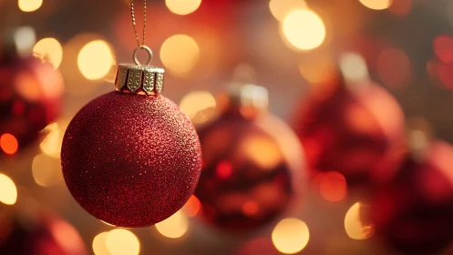 Red glitter ornament with defocused warm light background.