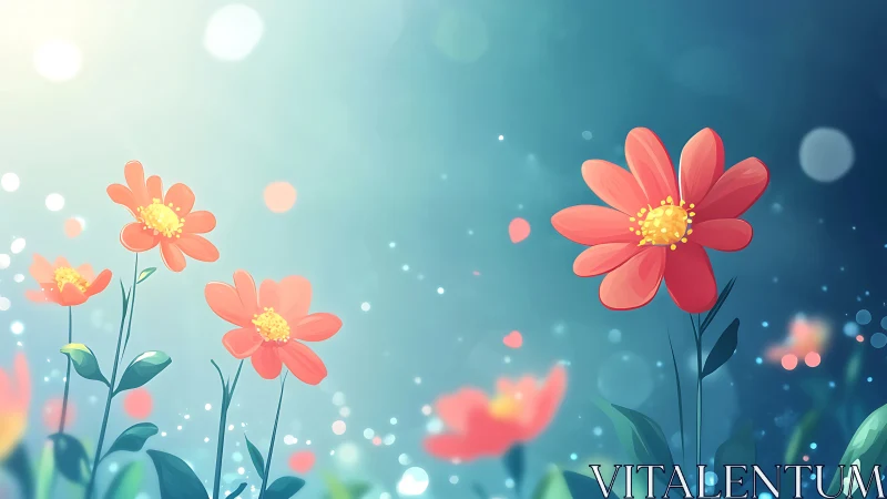 Red Cosmos Flowers Blooming in Ethereal Blue Bokeh Garden