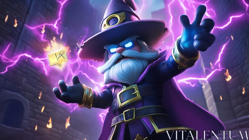 Purple robed wizard casting lightning in stone corridor.