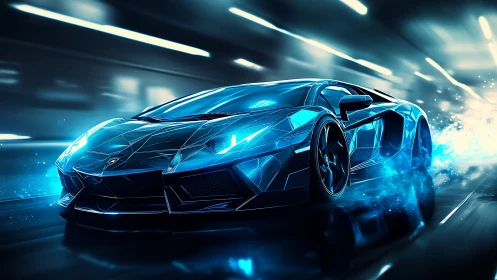 Low-angle neon-lit hypercar in motion with polygonal bodywork