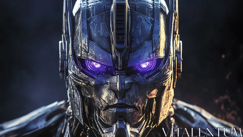 Luminous robot warrior gazes ahead with intense steel calm