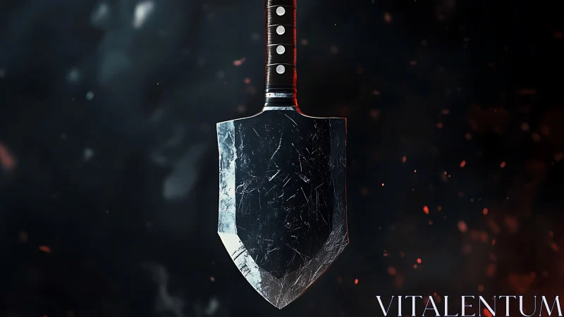 Battle-worn tactical shovel blade against dark embers.