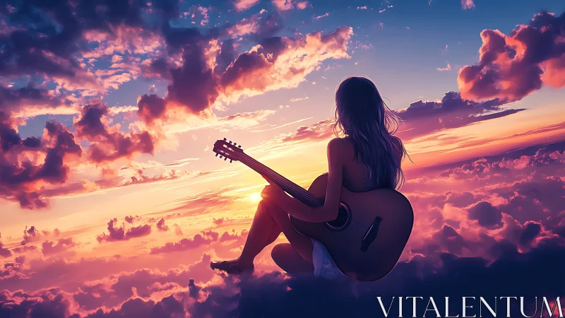 Silhouetted guitarist seated in luminous sunset cloudscape