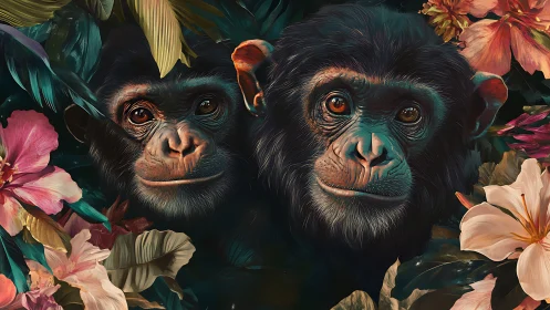 Digital portrait twin chimpanzees amid tropical florals.