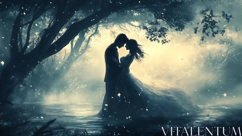 Enchanted Kiss Beneath Ancient Trees at Water's Edge.