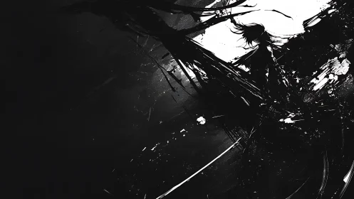 Shadowed figure cleaves darkness with violent ink strokes.