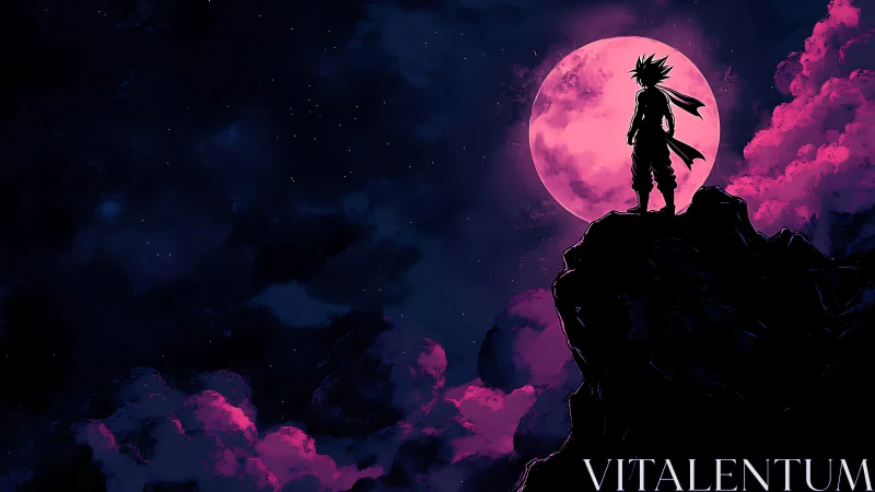 Stargazing warrior silhouetted against electric magenta moon.