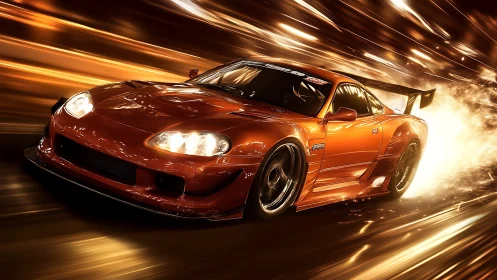 Turbo-lit orange street racer slicing through molten night.