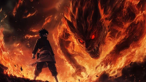 Anime warrior confronts colossal flaming beast in infernal blaze