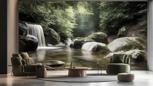 Immersive waterfall mural enhancing serene modern lounge.