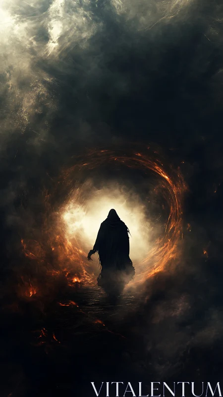 Hooded dark figure walking into fiery tunnel of light.